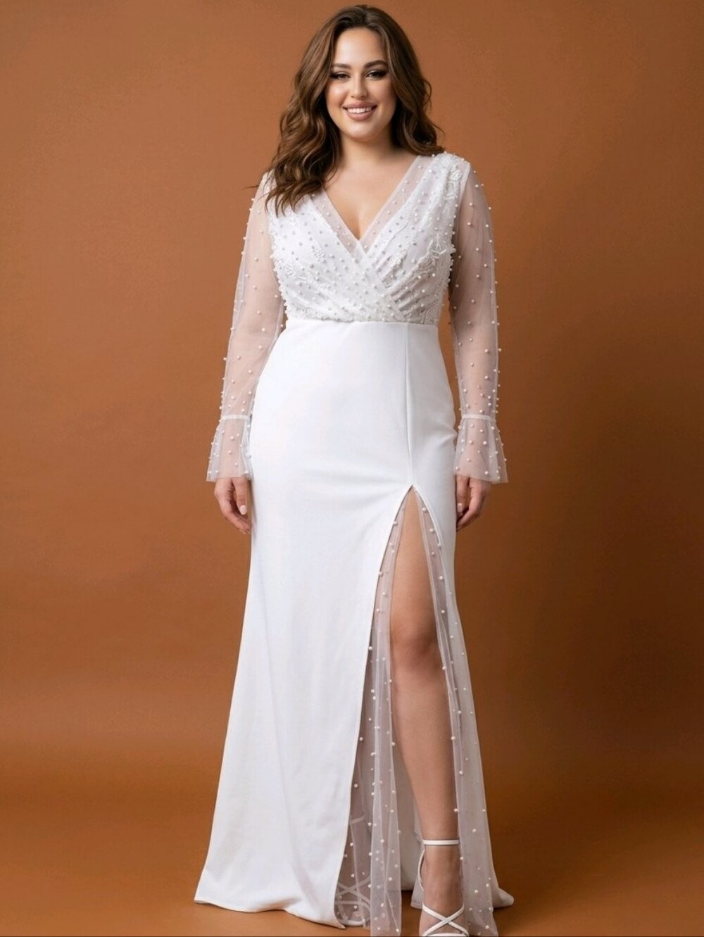 Fashion Nova White Pearl-Embellished Long Sleeve Gown